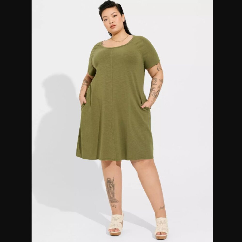 Torrid 2X Olive Green Mini Supersoft Raglan Swing Dress T Shirt Dress